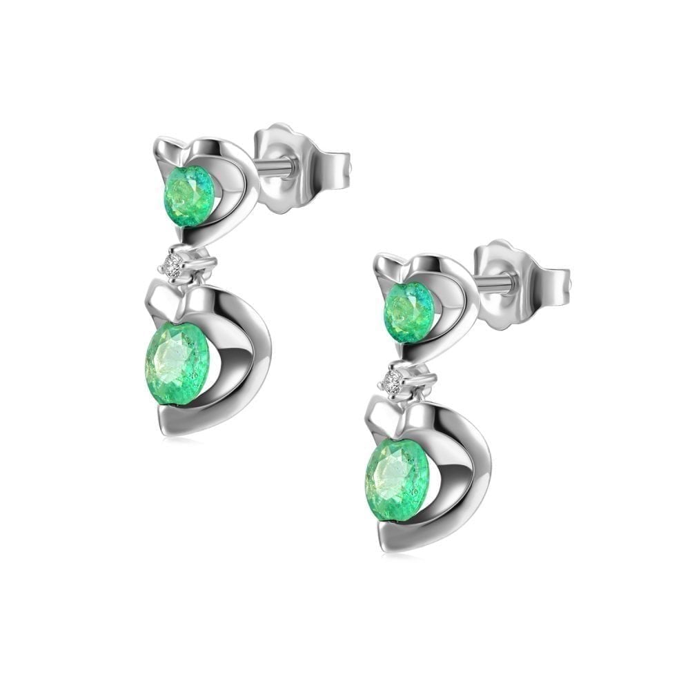 9ct White Gold 0.75ct Round Emerald & Diamond Heart Drop Earrings