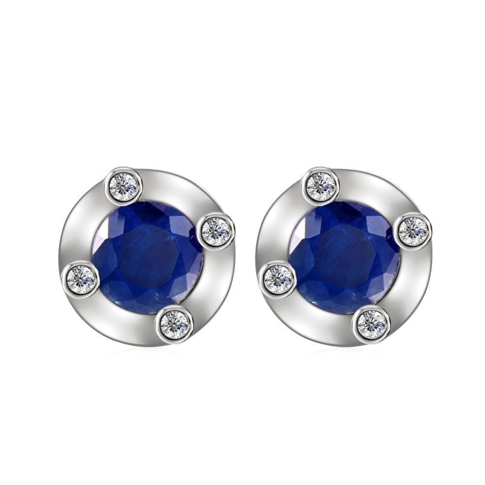 1.03 Ct Round Natural Blue Sapphire and Diamond Solitaire Stud Earrings in 9ct White Gold
