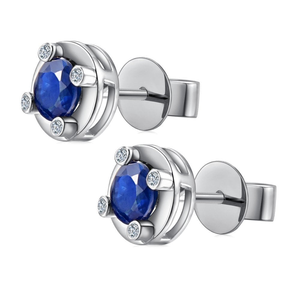 1.03 Ct Round Natural Blue Sapphire and Diamond Solitaire Stud Earrings in 9ct White Gold