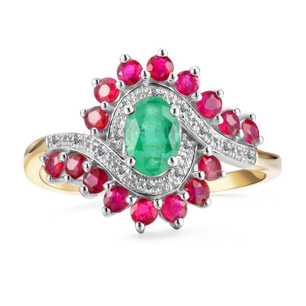 9ct Yellow Gold 0.39ct Oval Emerald & Diamond Multi Gem Cluster Ring