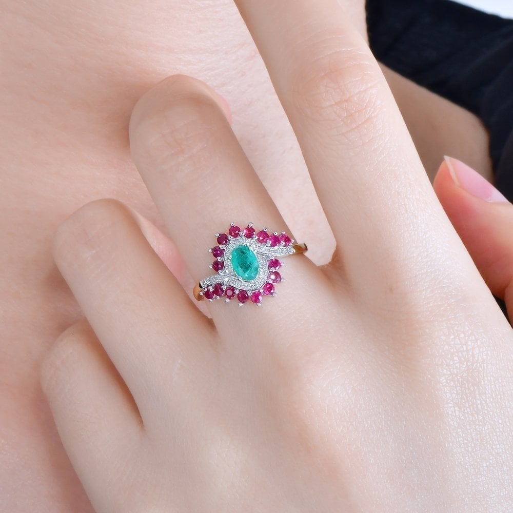 9ct Yellow Gold 0.39ct Oval Emerald & Diamond Multi Gem Cluster Ring