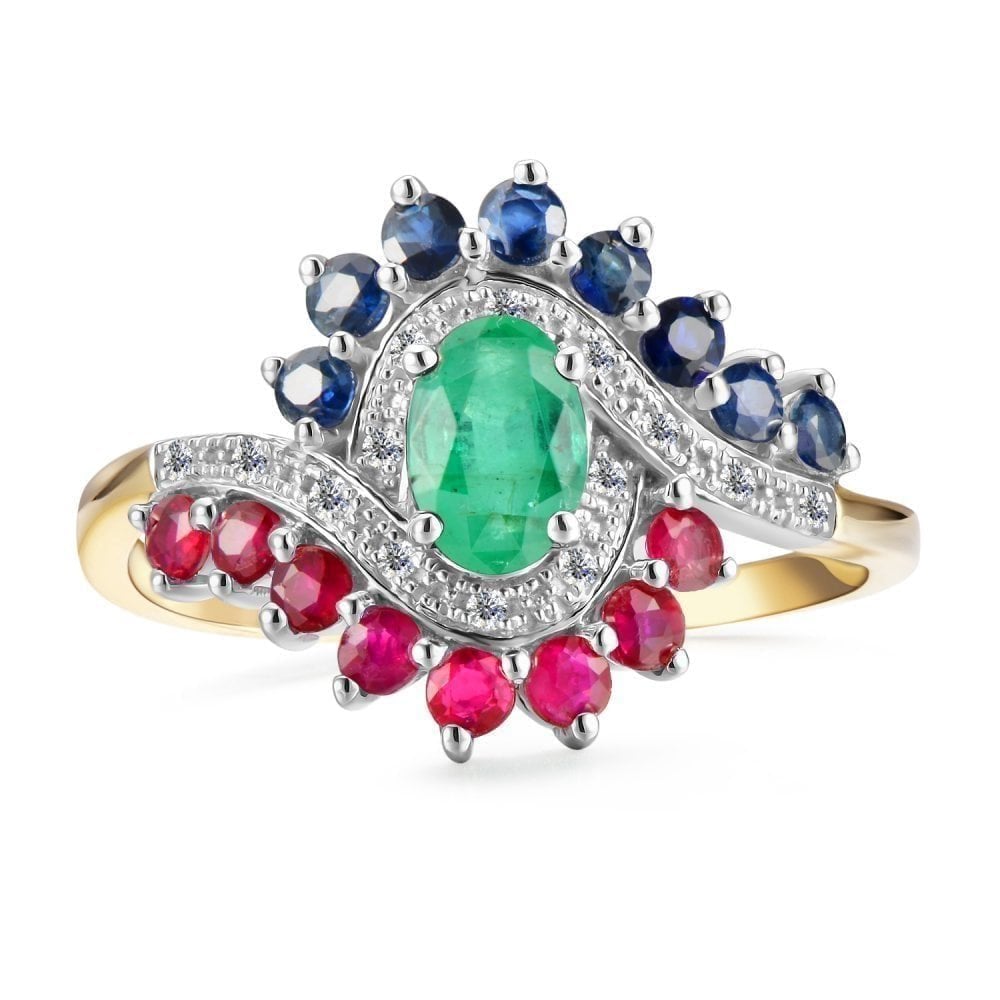 9ct Yellow Gold 0.39ct Oval Emerald & 0.05ct Diamond Multi Gem Cluster Ring