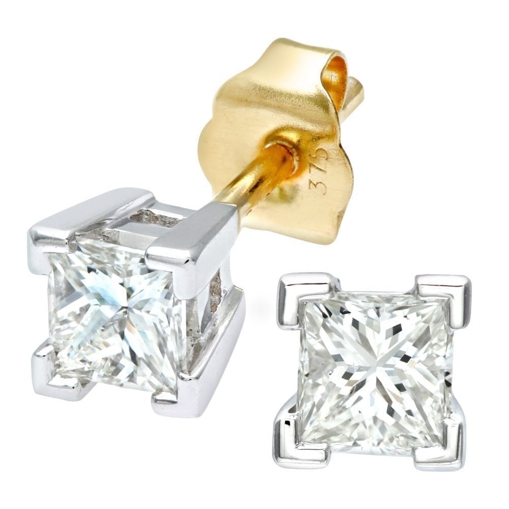9ct Gold 0.50 Carat Natural Diamond Princess Solitaire Stud Earrings