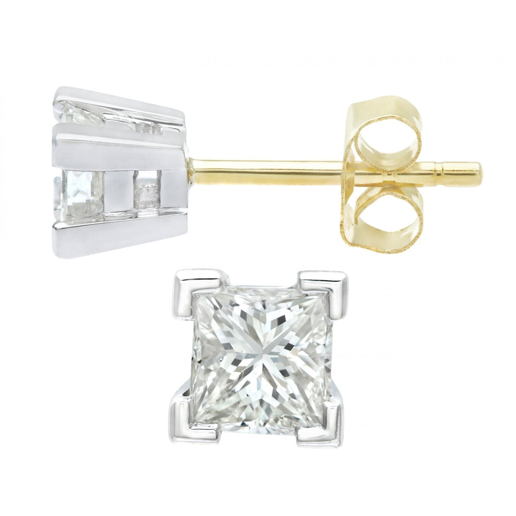 9ct Gold 0.50 Carat Natural Diamond Princess Solitaire Stud Earrings