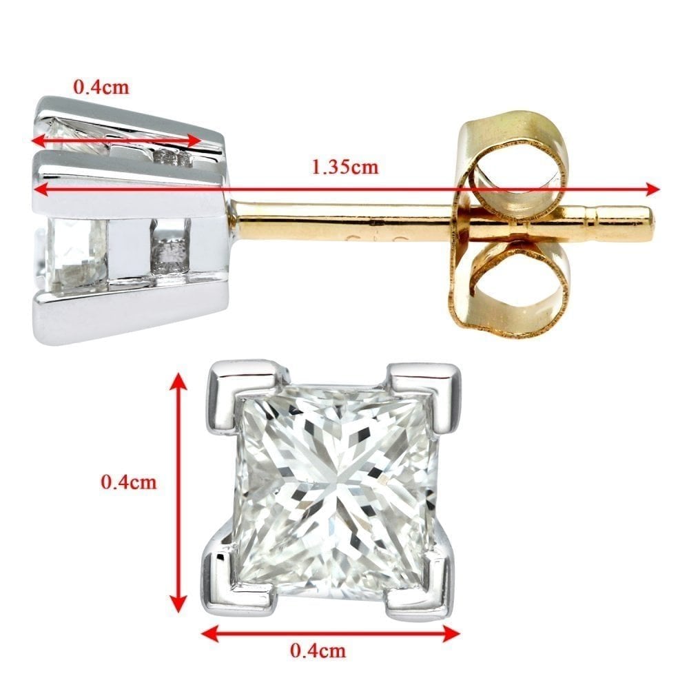 9ct Gold 0.50 Carat Natural Diamond Princess Solitaire Stud Earrings