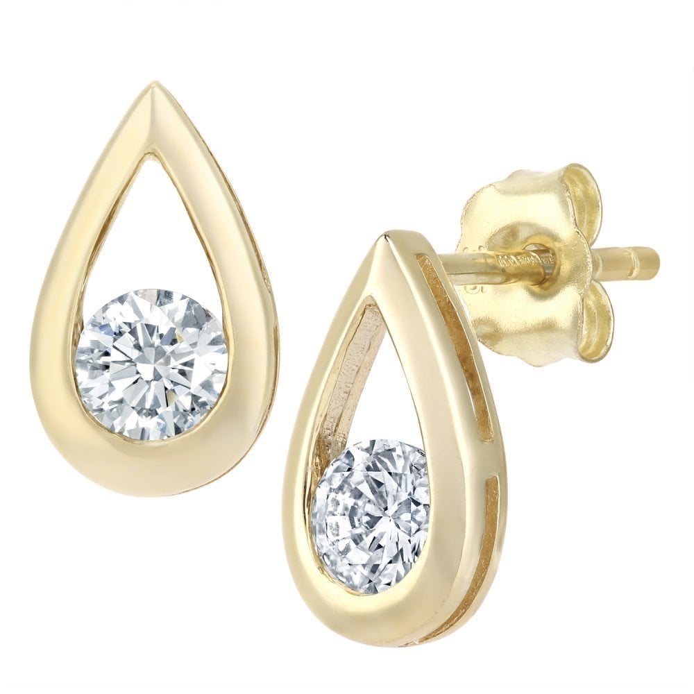 9ct Gold 0.50 Carat Natural Diamond Solitaire Drop Stud Earrings with Gold Push Back