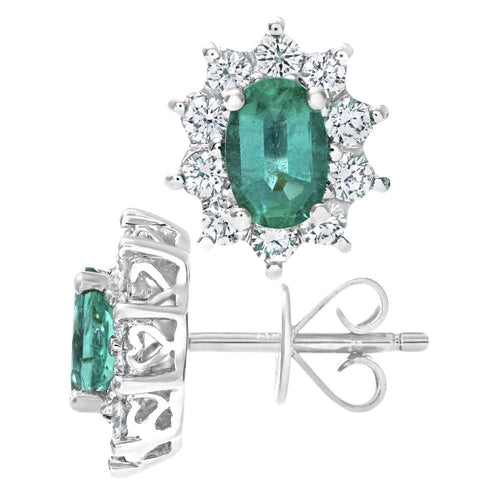 18ct White Gold 0.90ct Oval Emerald & 0.50ct Diamond Cluster Stud Earrings