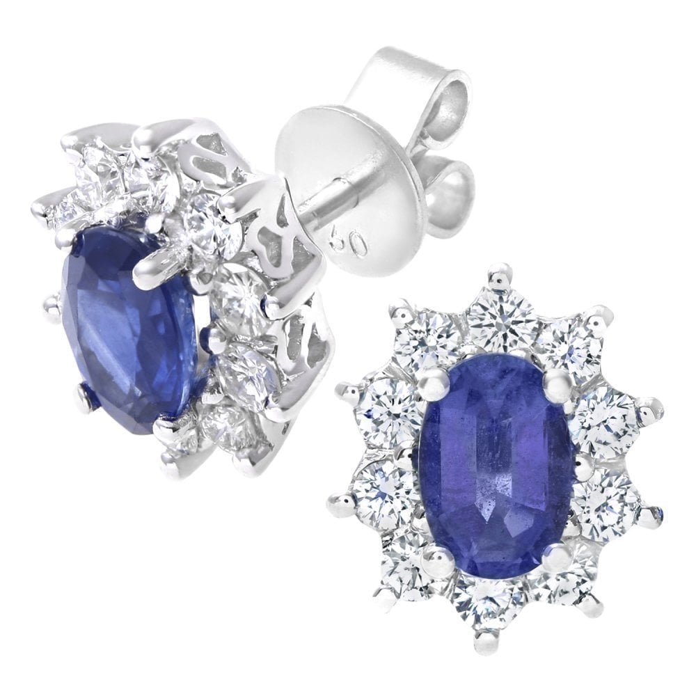 Oval Natural Blue Sapphire and Diamond Solitaire Halo Stud Earrings in 18ct White Gold