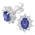 Oval Natural Blue Sapphire and Diamond Solitaire Halo Stud Earrings in 18ct White Gold