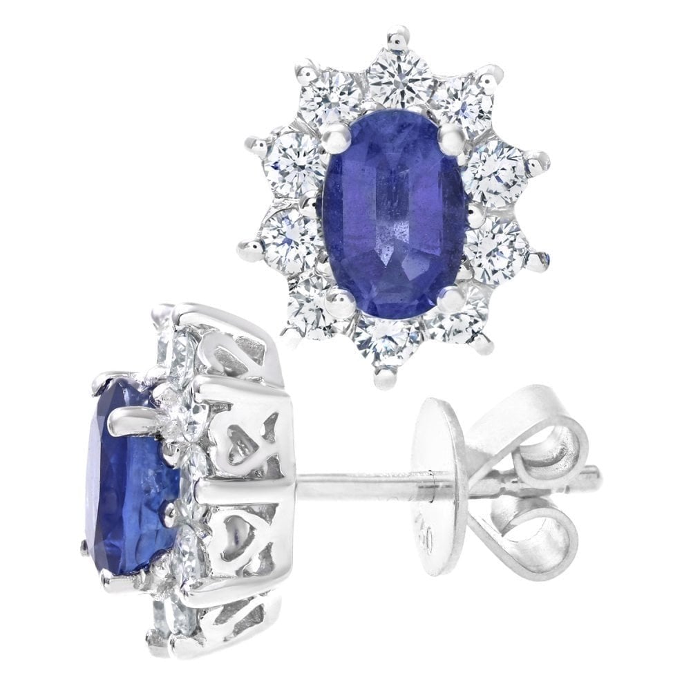 Oval Natural Blue Sapphire and Diamond Solitaire Halo Stud Earrings in 18ct White Gold