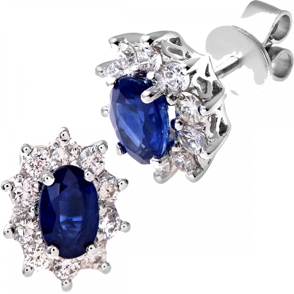 Oval Natural Blue Sapphire and Diamond Solitaire Halo Stud Earrings in 18ct White Gold