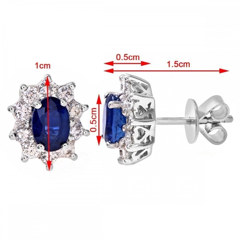Oval Natural Blue Sapphire and Diamond Solitaire Halo Stud Earrings in 18ct White Gold