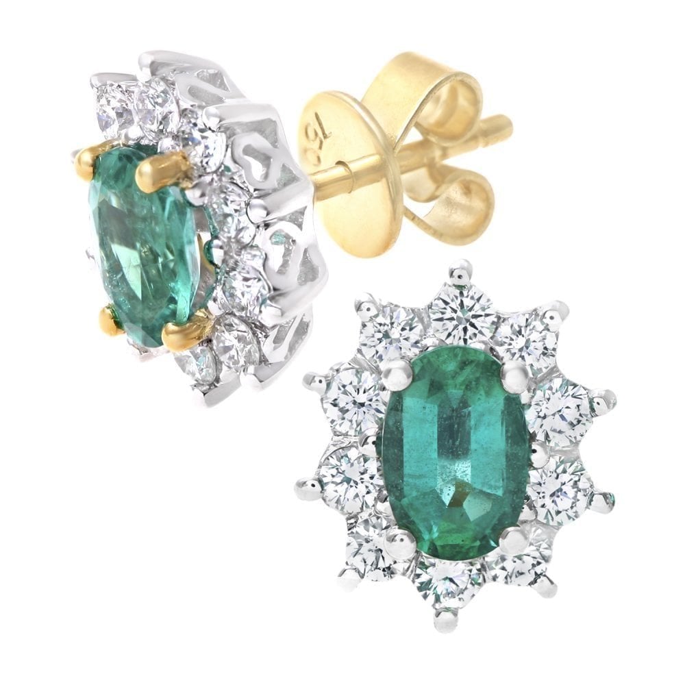 18ct Yellow Gold Oval Emerald & Diamond Cluster Stud Earrings