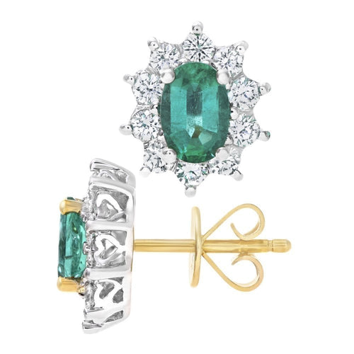 18ct Yellow Gold Oval Emerald & Diamond Cluster Stud Earrings