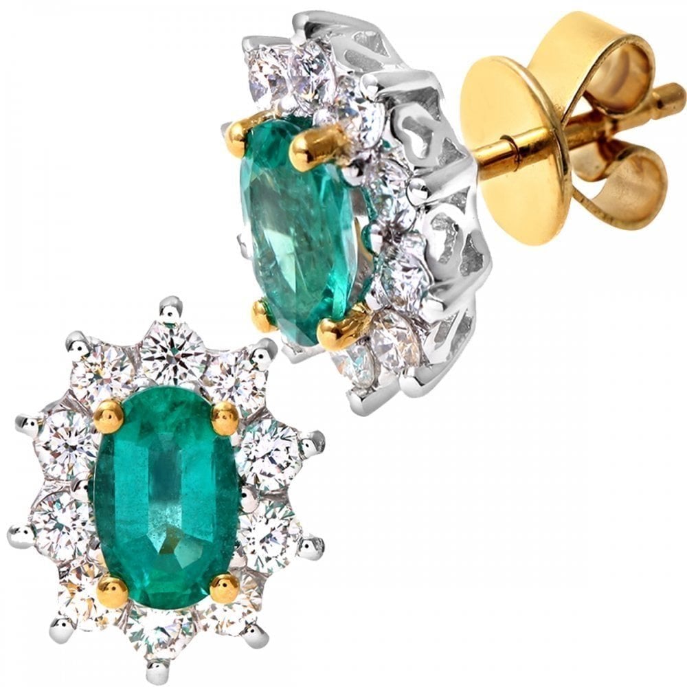 18ct Yellow Gold Oval Emerald & Diamond Cluster Stud Earrings