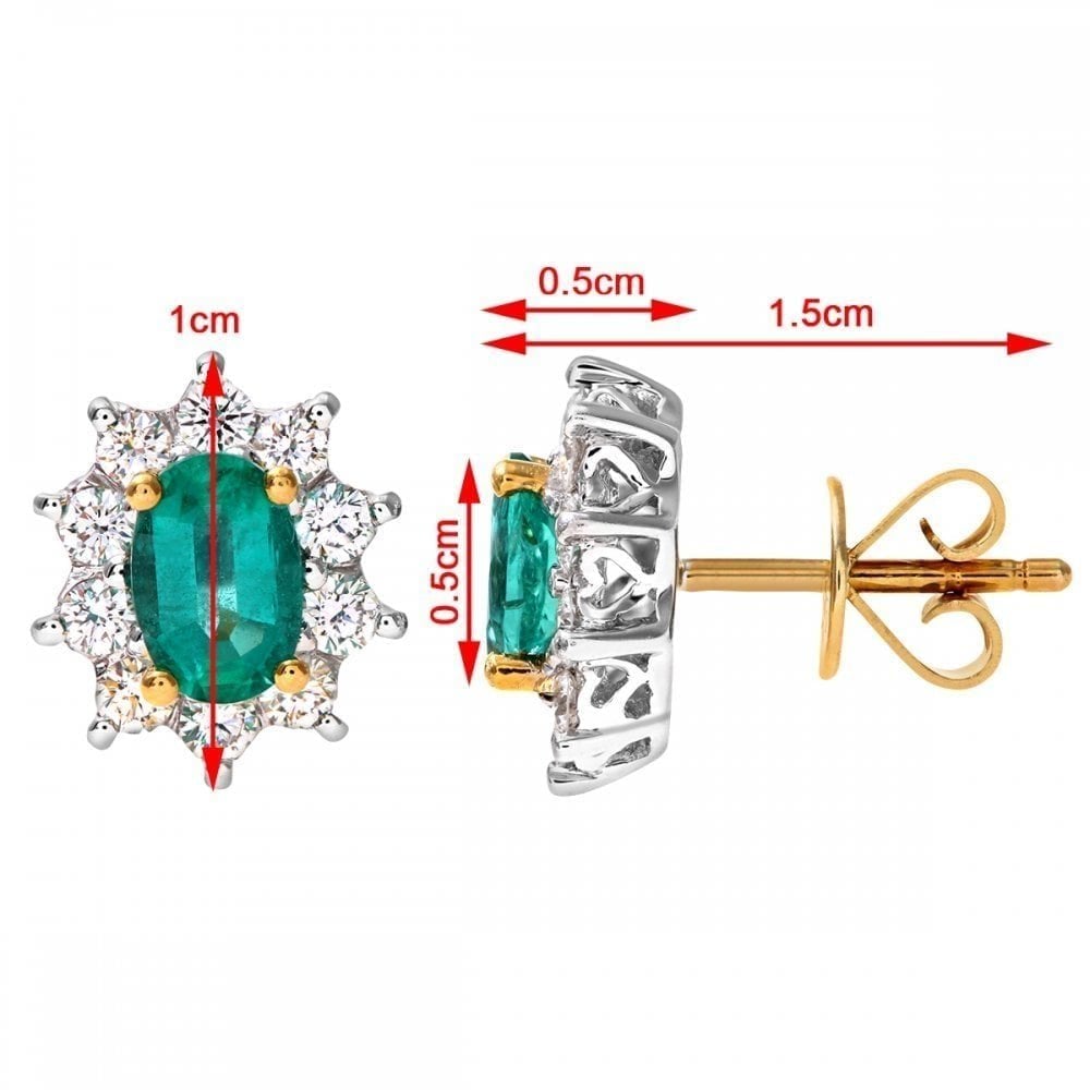 18ct Yellow Gold Oval Emerald & Diamond Cluster Stud Earrings