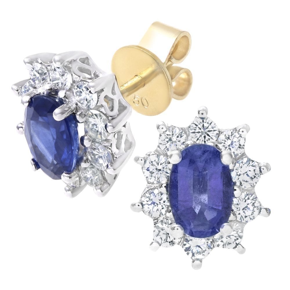 18ct Yellow Gold 1.6ct Oval Natural Blue Sapphire & Diamond Halo Studs