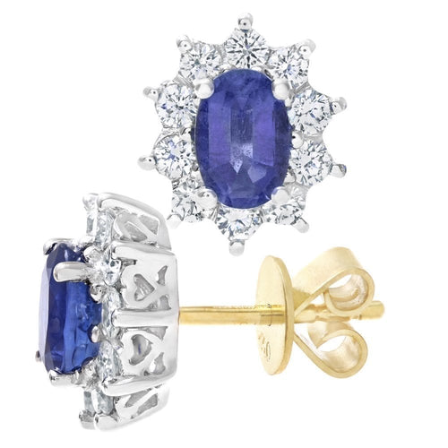 18ct Yellow Gold 1.6ct Oval Natural Blue Sapphire & Diamond Halo Studs