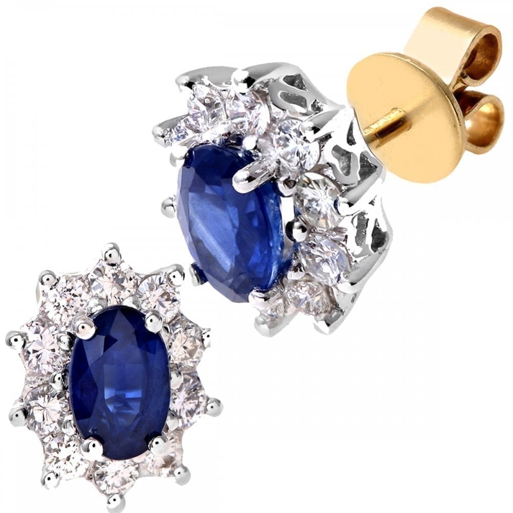 18ct Yellow Gold 1.6ct Oval Natural Blue Sapphire & Diamond Halo Studs