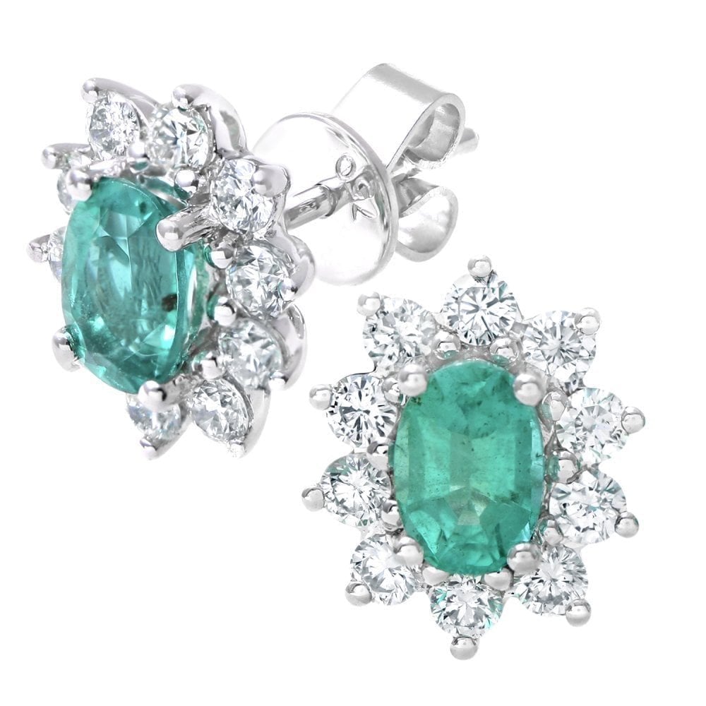 18ct White Gold Oval Emerald & Diamond Cluster Stud Earrings