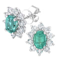 18ct White Gold Oval Emerald & Diamond Cluster Stud Earrings