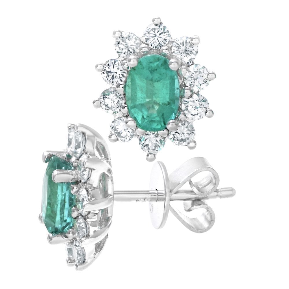 18ct White Gold Oval Emerald & Diamond Cluster Stud Earrings
