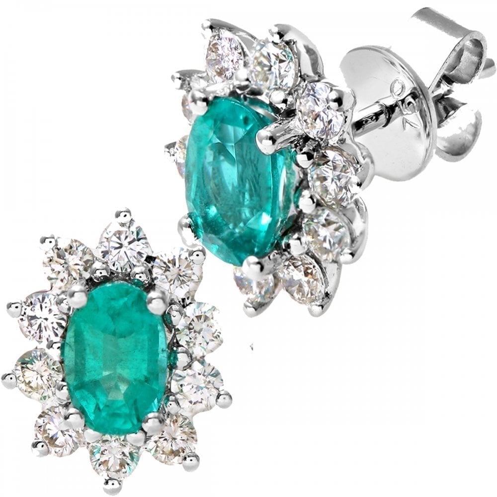 18ct White Gold Oval Emerald & Diamond Cluster Stud Earrings