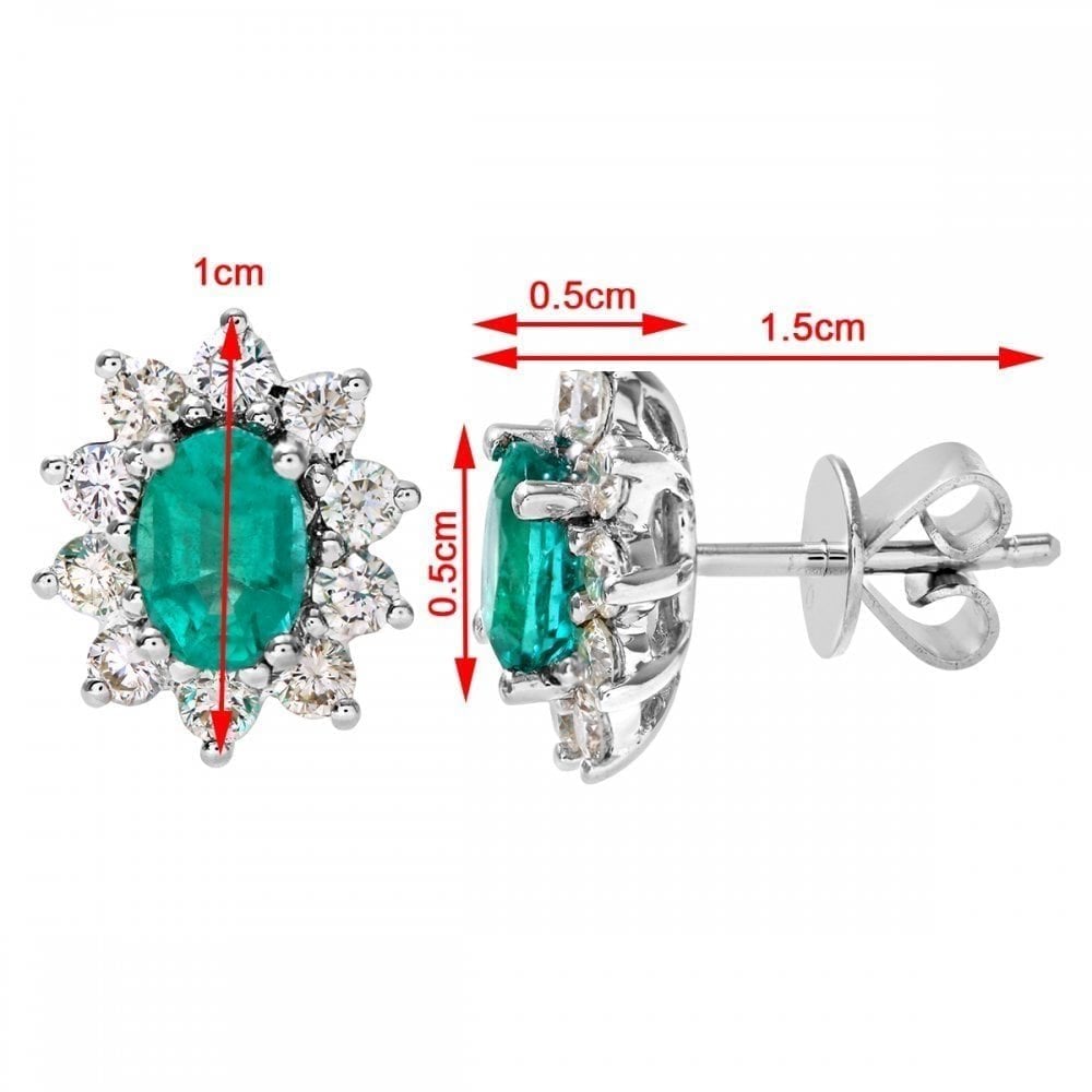18ct White Gold Oval Emerald & Diamond Cluster Stud Earrings