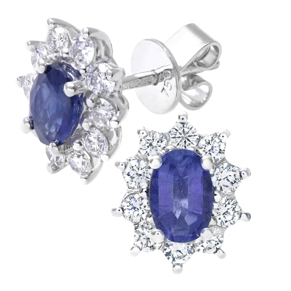 Oval Natural Blue Sapphire and Diamond Solitaire Halo Stud Earrings in 18ct White Gold