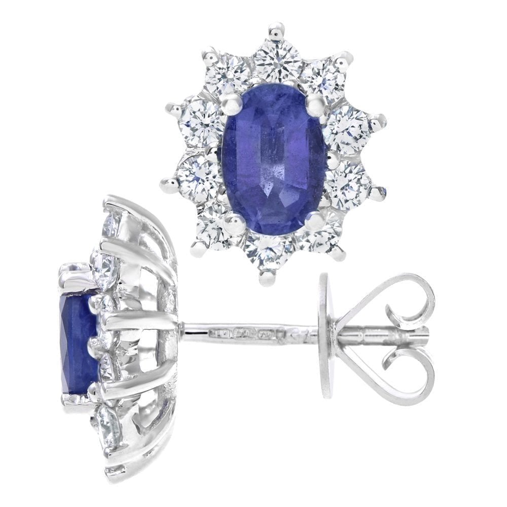 Oval Natural Blue Sapphire and Diamond Solitaire Halo Stud Earrings in 18ct White Gold