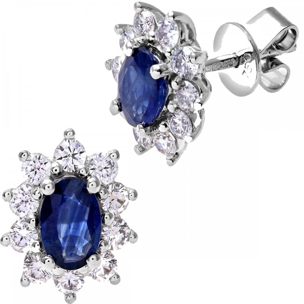 Oval Natural Blue Sapphire and Diamond Solitaire Halo Stud Earrings in 18ct White Gold