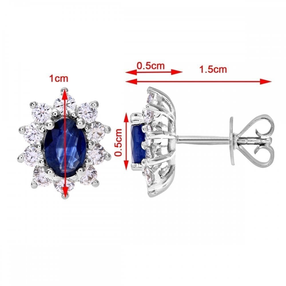 Oval Natural Blue Sapphire and Diamond Solitaire Halo Stud Earrings in 18ct White Gold