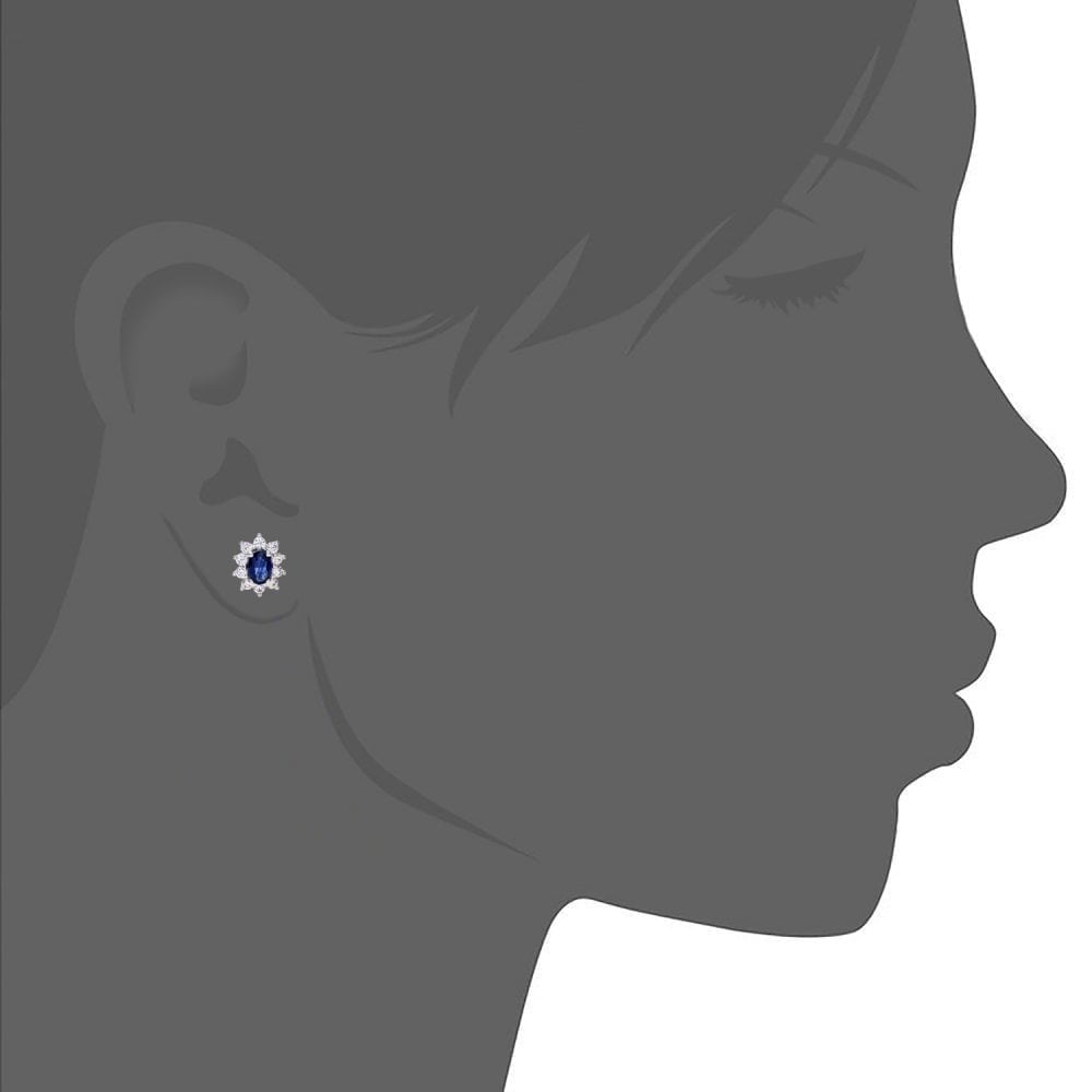Oval Natural Blue Sapphire and Diamond Solitaire Halo Stud Earrings in 18ct White Gold