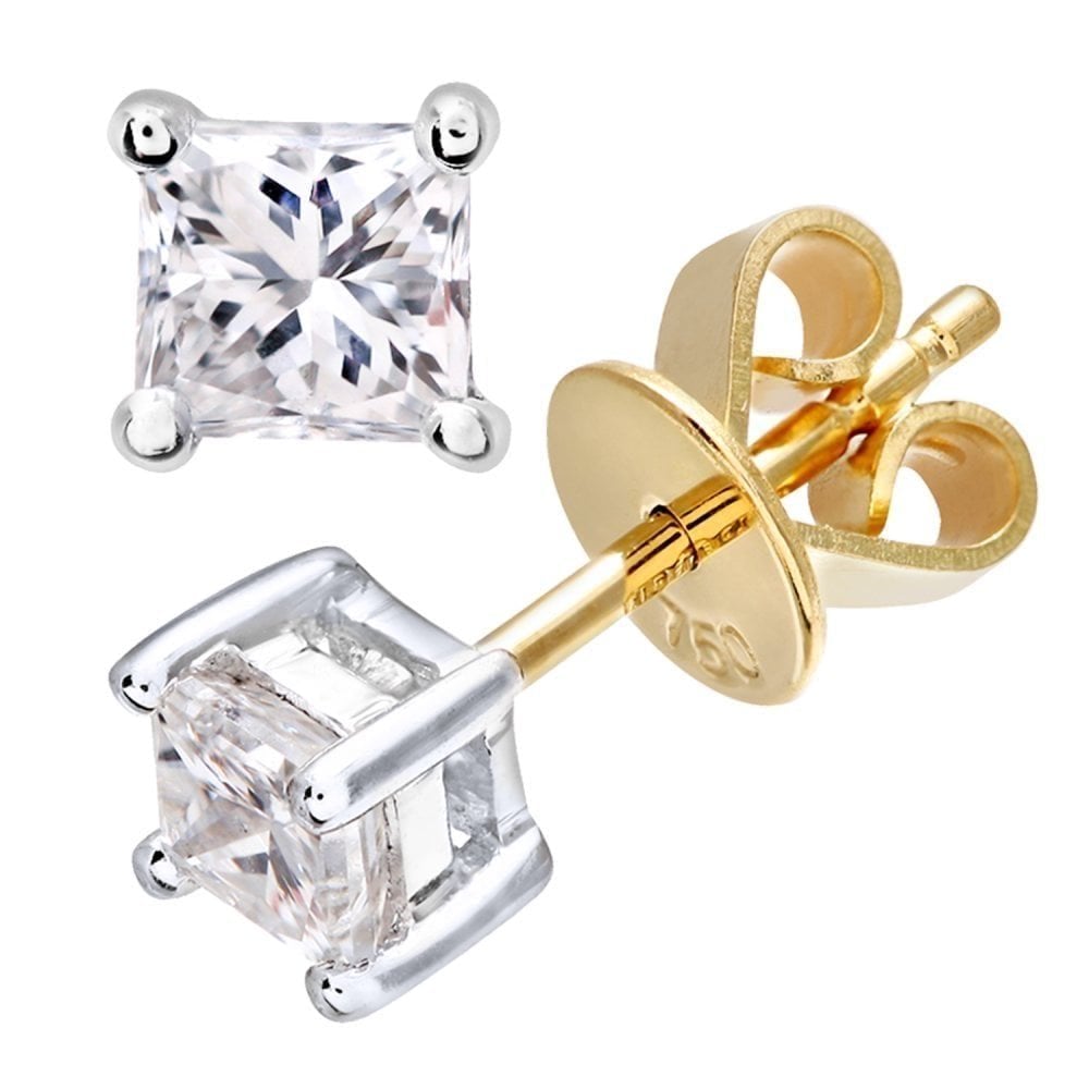 18ct Yellow Gold 0.50 Carat Natural Diamond Solitaire Stud Earrings Square Princess Cut