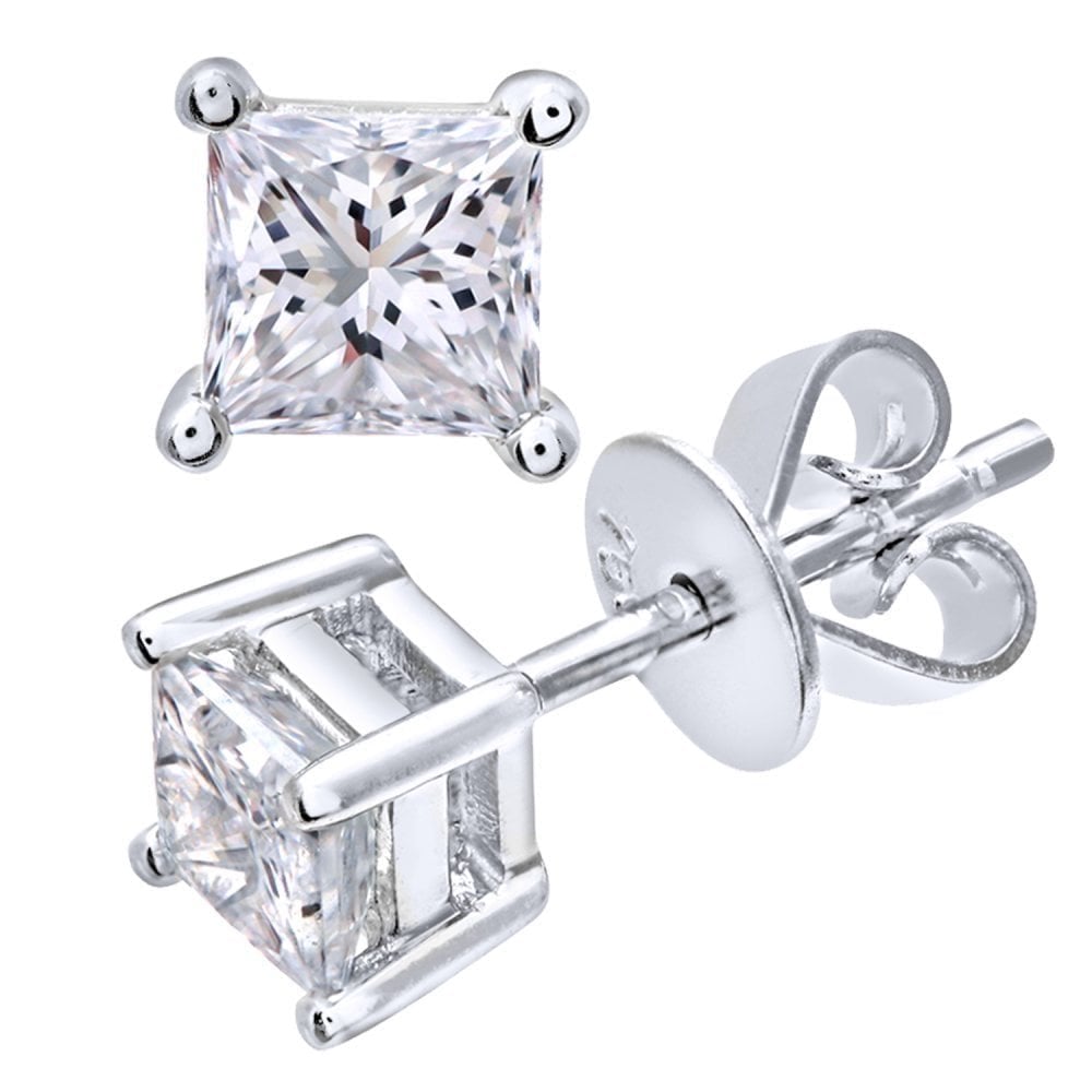 Platinum 0.75 Carat Natural Diamond Solitaire Stud Earrings Square Princess Cut
