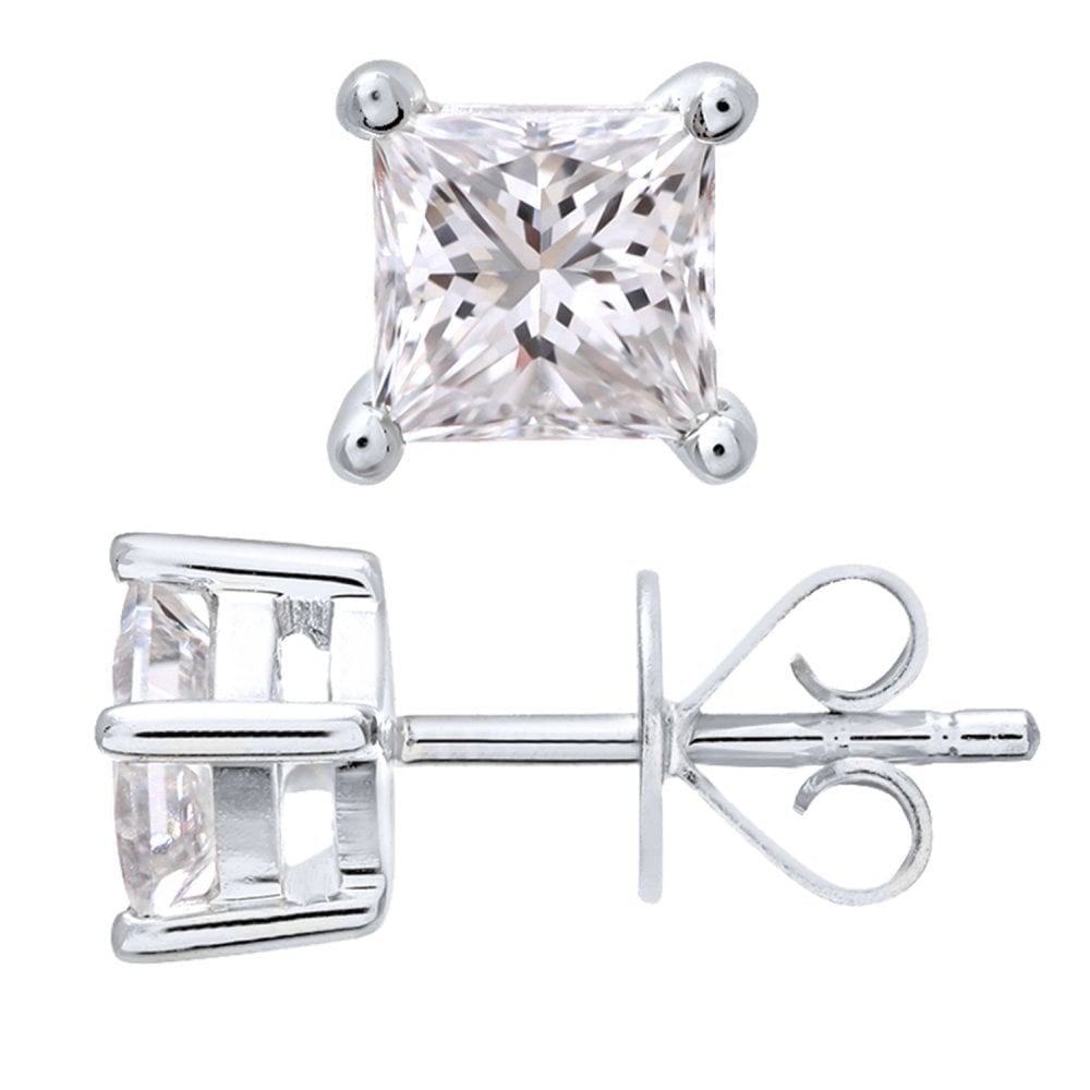 Platinum 0.75 Carat Natural Diamond Solitaire Stud Earrings Square Princess Cut