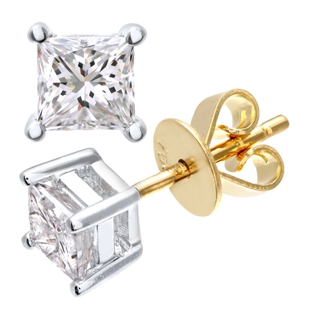 18ct Yellow Gold 0.75 Carat Natural Diamond Solitaire Stud Earrings Princess Cut