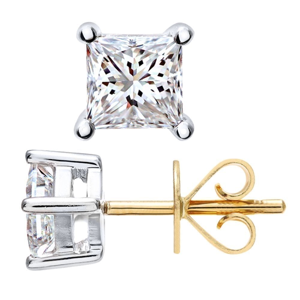 18ct Yellow Gold 0.75 Carat Natural Diamond Solitaire Stud Earrings Princess Cut