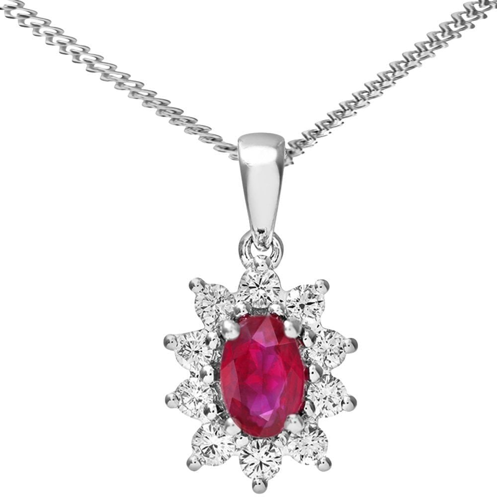 18ct White Gold 0.35ct Diamond Ruby Pendant Necklace, Cluster Design