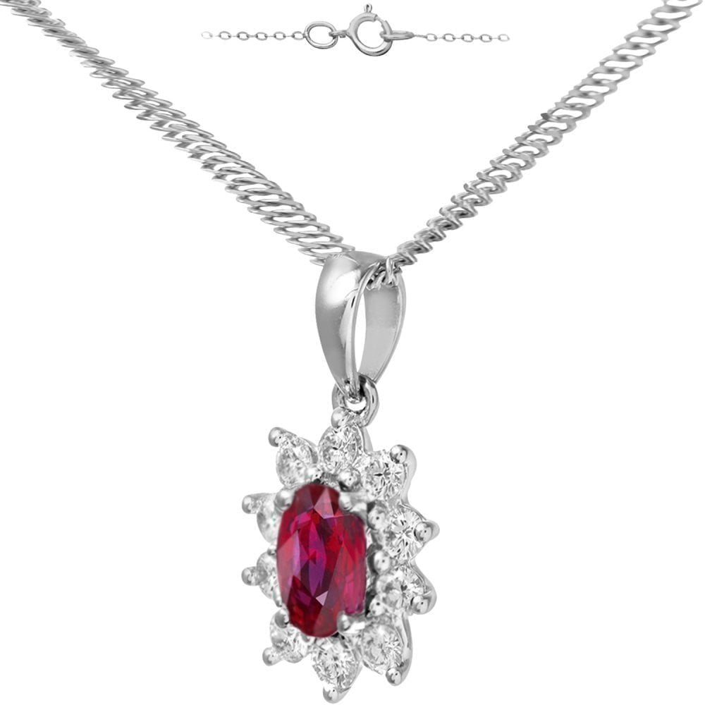 18ct White Gold 0.35ct Diamond Ruby Pendant Necklace, Cluster Design