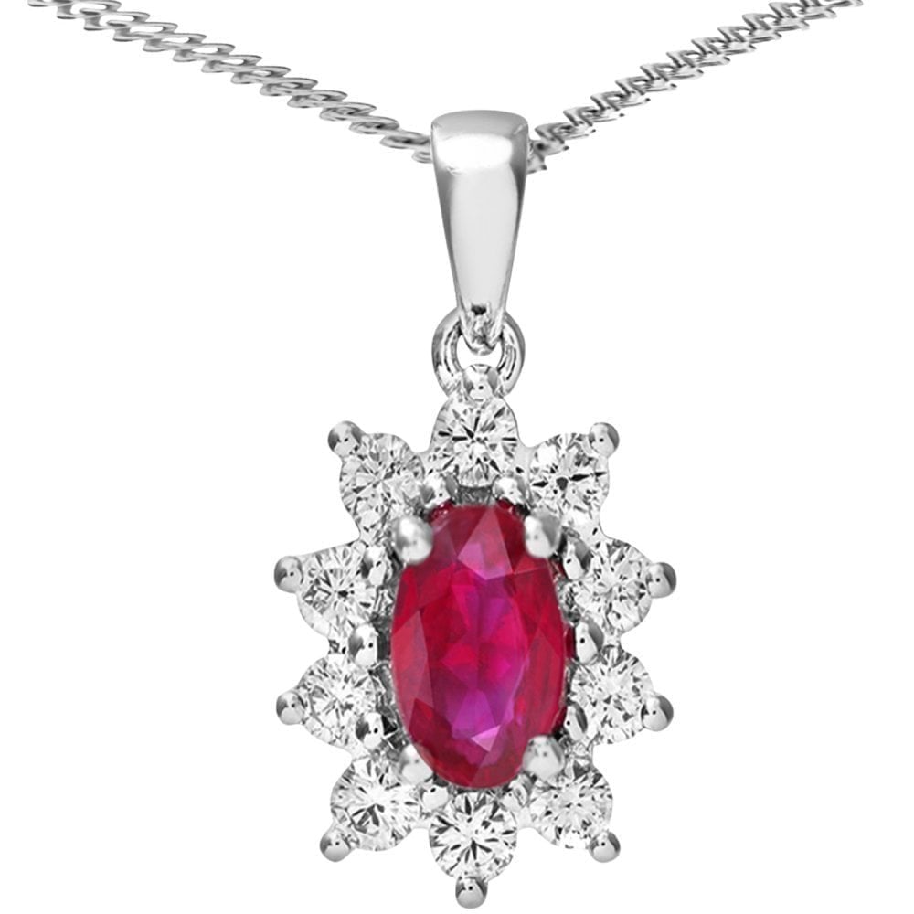 18ct White Gold 0.35ct Diamond Ruby Pendant Necklace, Cluster Design