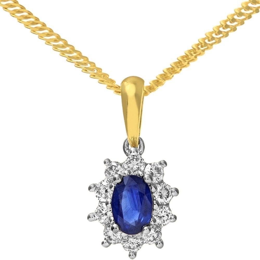 Oval Natural Blue Sapphire and Diamond Solitaire Halo Necklace in 18ct Yellow Gold