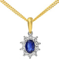 Oval Natural Blue Sapphire and Diamond Solitaire Halo Necklace in 18ct Yellow Gold