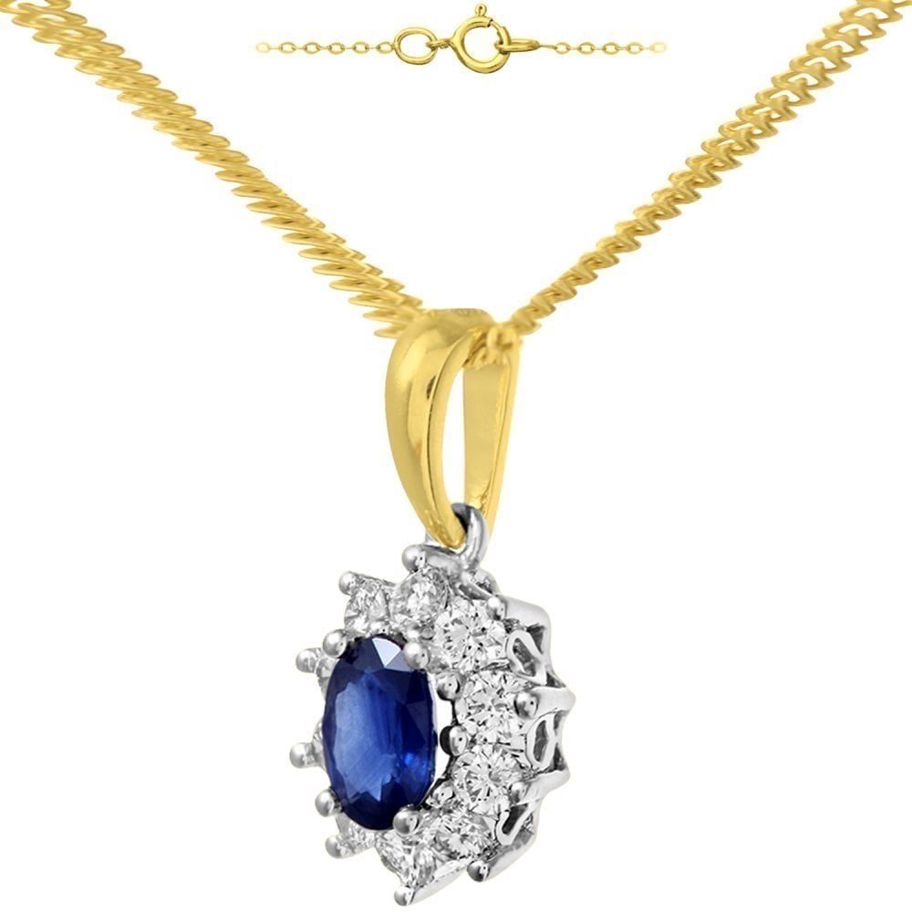Oval Natural Blue Sapphire and Diamond Solitaire Halo Necklace in 18ct Yellow Gold
