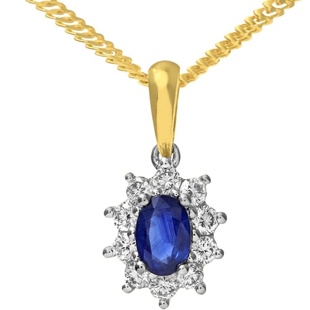 Oval Natural Blue Sapphire and Diamond Solitaire Halo Necklace in 18ct Yellow Gold