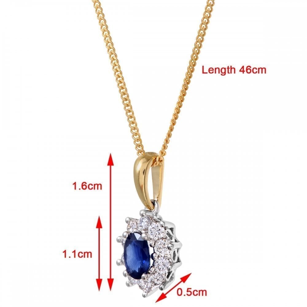 Oval Natural Blue Sapphire and Diamond Solitaire Halo Necklace in 18ct Yellow Gold