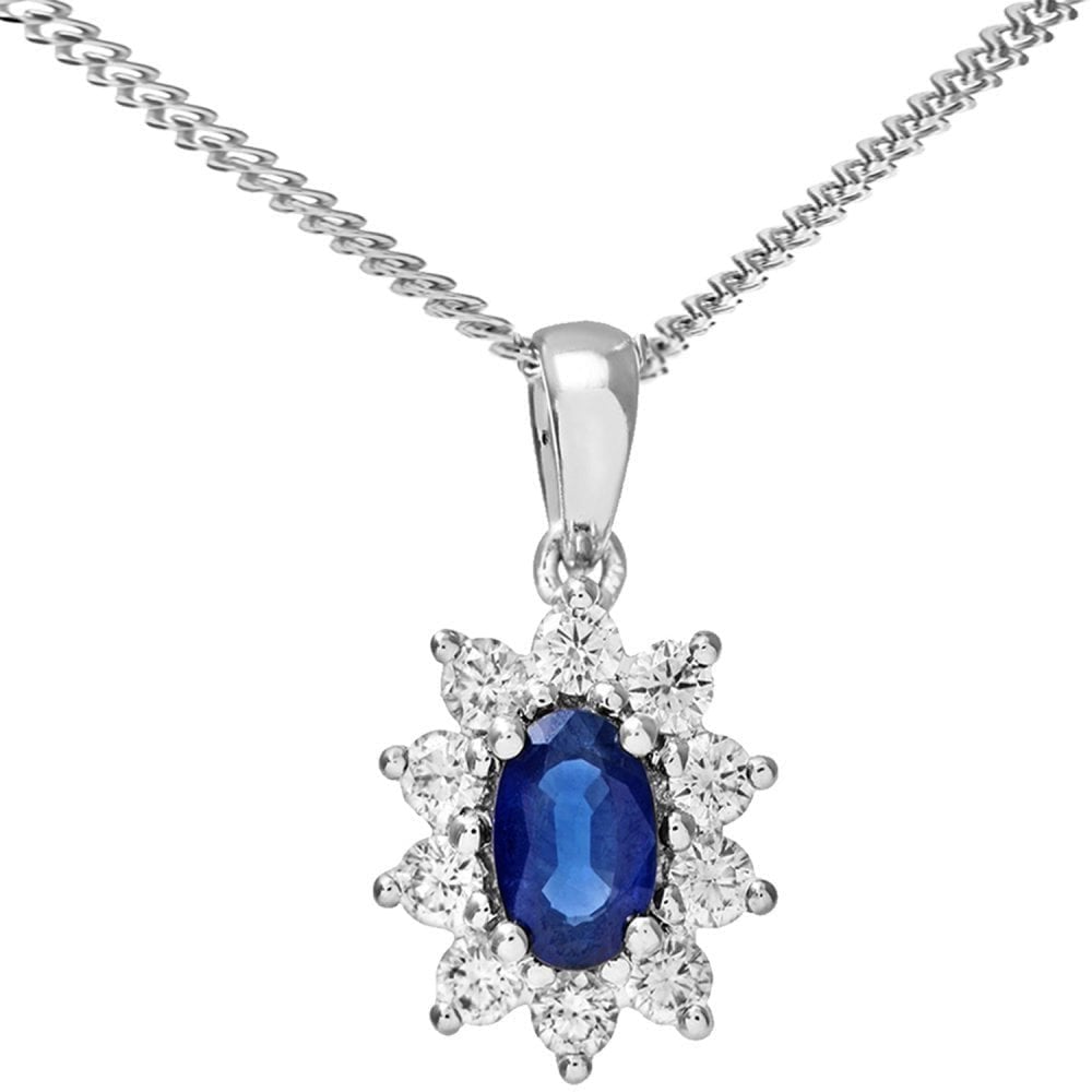 Oval Natural Blue Sapphire and Diamond Solitaire Halo Necklace with Chain in 18ct White Gold