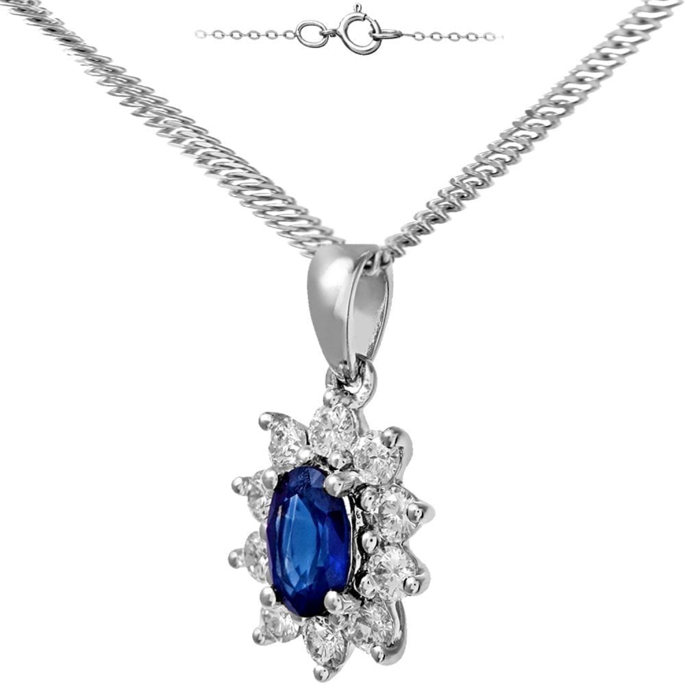 Oval Natural Blue Sapphire and Diamond Solitaire Halo Necklace with Chain in 18ct White Gold