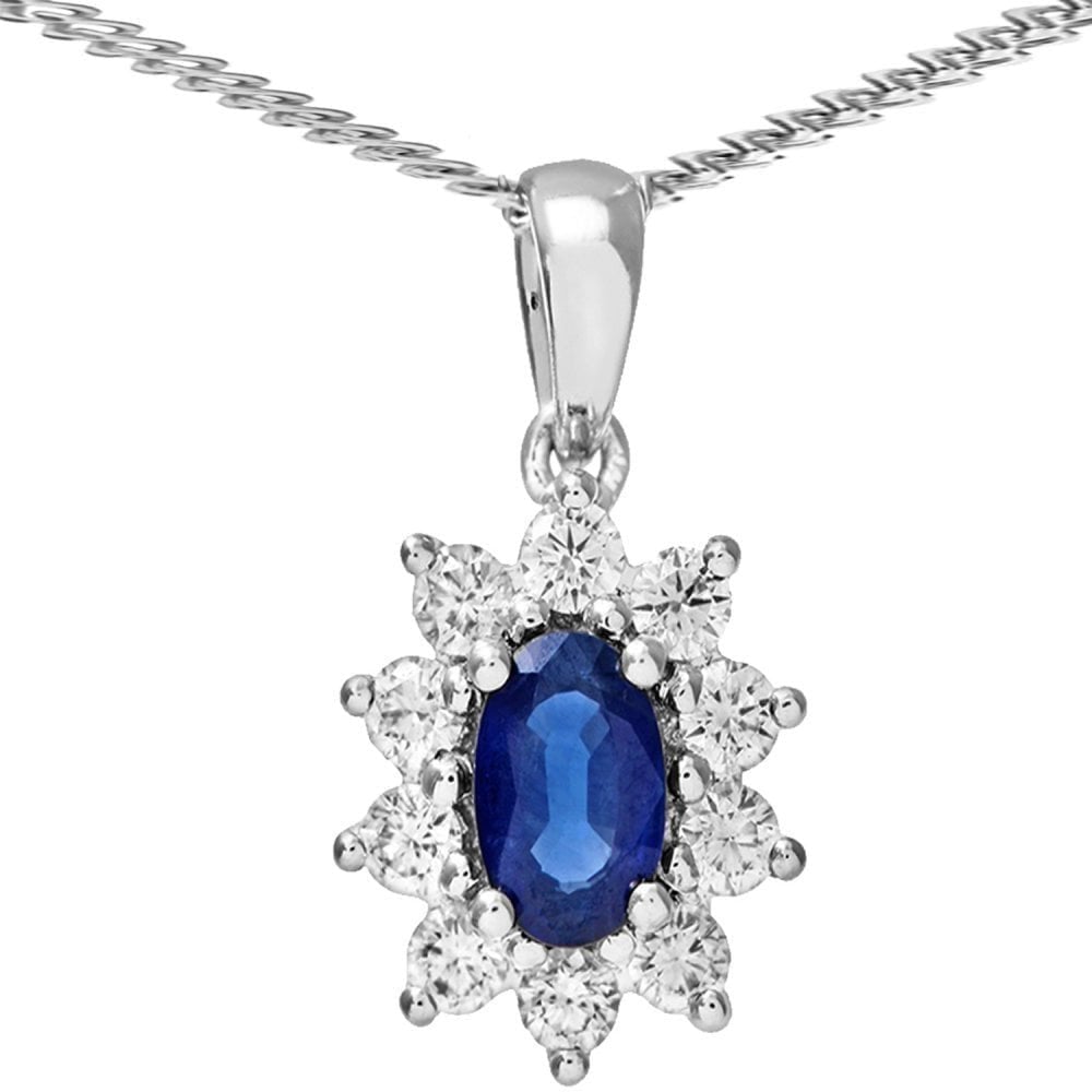 Oval Natural Blue Sapphire and Diamond Solitaire Halo Necklace with Chain in 18ct White Gold