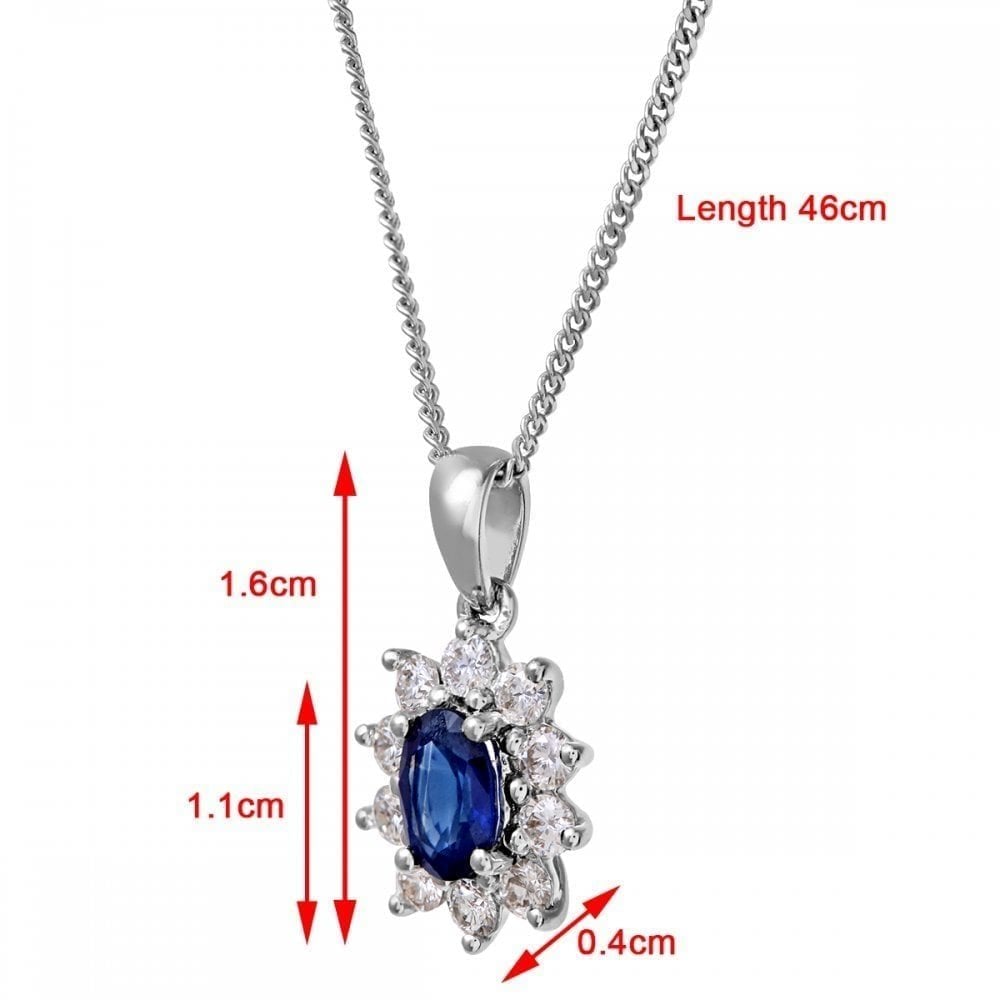 Oval Natural Blue Sapphire and Diamond Solitaire Halo Necklace with Chain in 18ct White Gold